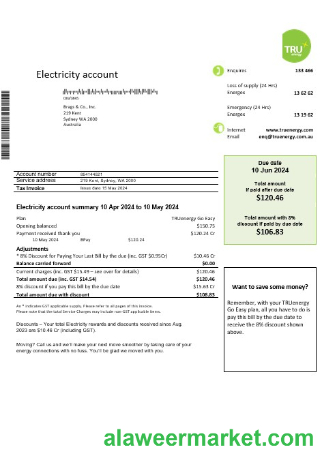 Australia Tru Energy electricity business utility bill template in Word and PDF format